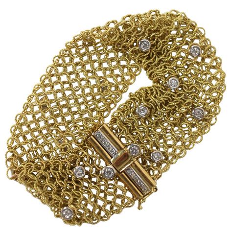 Gold woven mesh bracelet with diamonds For Sale at 1stDibs