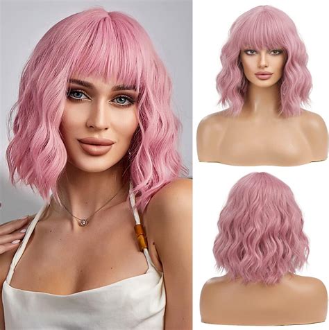 Oufei Pink Wigs For Women Short Wavy Wig With Bangs Natural Synthetic Hair Heat Resistant Wigs