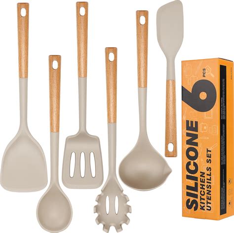 Lot De Ustensiles De Cuisine En Silicone Avec Manche En Bois