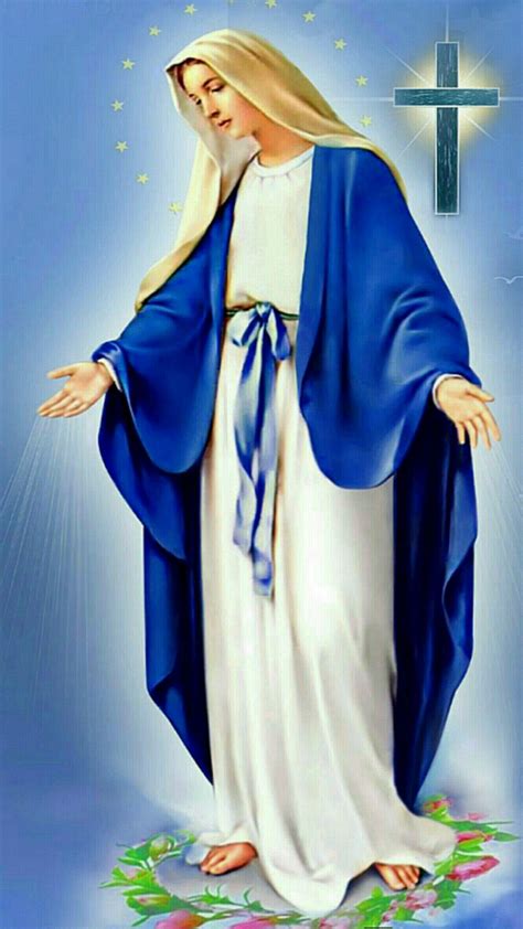 The Immaculate Mary Statue Is Shown In Blue And White