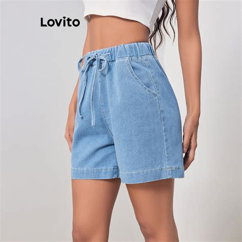 Lovito Casual Short Jeans Feminino Simples Bolso E Amarra LBL07070