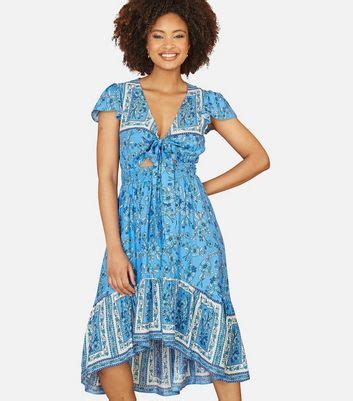 Mela Blue Floral Print Dip Hem Midi Dress New Look