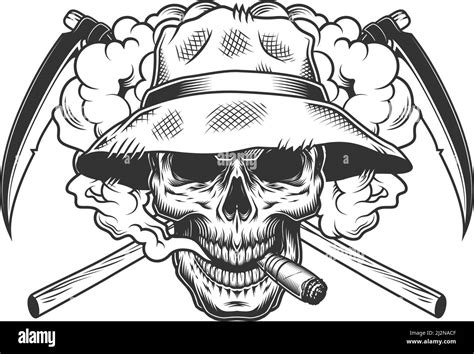 Vintage Monochrome Skull Wearing Panama Hat In Smoke Cloud With Crossed