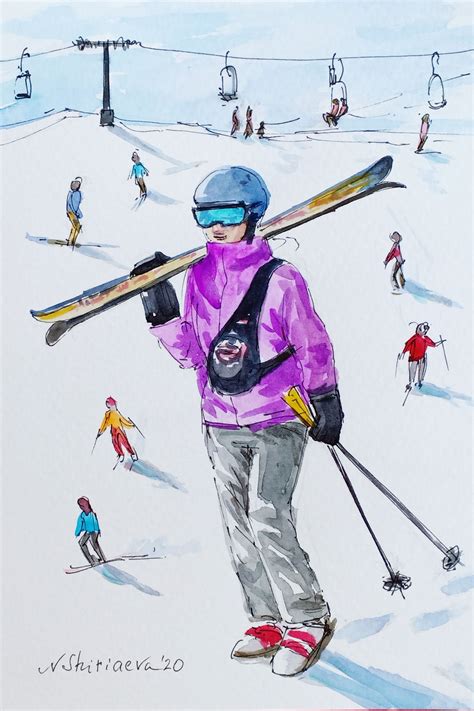 Skier Painting Watercolor Original Art Skiing 8 By 55 Etsy