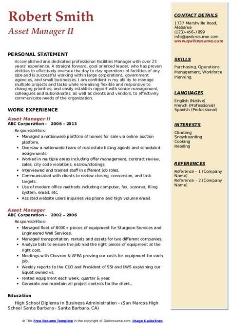 Asset Manager Resume Samples QwikResume