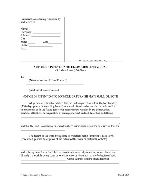 Notice Of Intention To Claim Lien Individual Form Fill Out And Sign