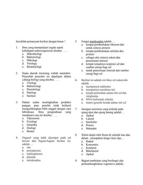 Soal Biologi Sel Kelas 11 Dan Kunci Jawaban