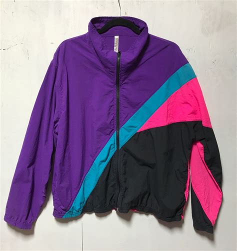 1980s Diagonal Color Block Windbreaker Zip Up Jacket Mock Neck Made In