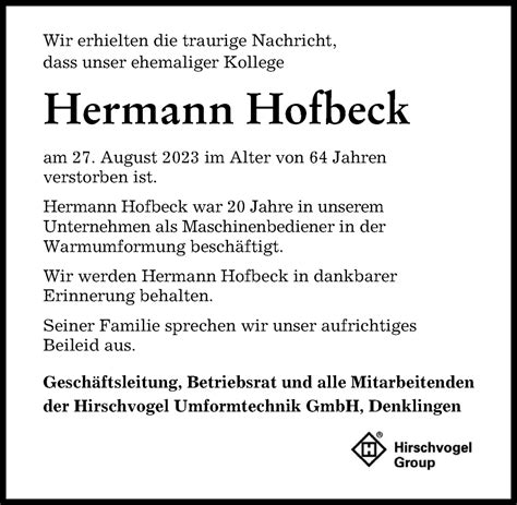 Traueranzeigen Von Hermann Hofbeck Augsburger Allgemeine Zeitung