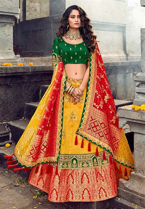 Yellow Banarasi Silk Circular Lehenga Choli 196852 Party Wear Lehenga