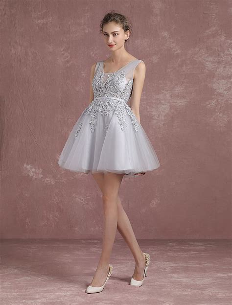 Robe F Te De La Rentr E A Ligne En Tulle Gris Clair Col V Pliss Mini