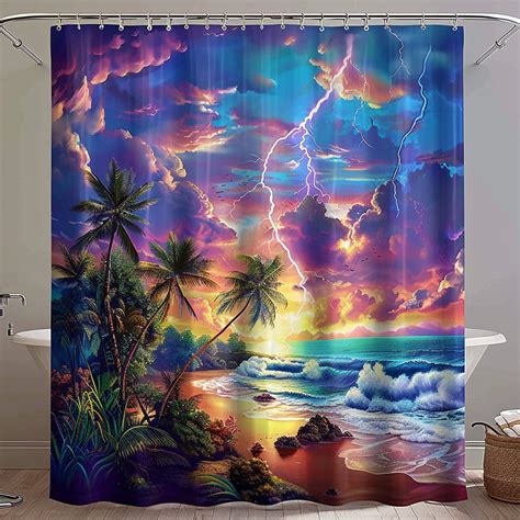 Tropical Paradise Shower Curtain Palm Trees Ocean View Rainforest