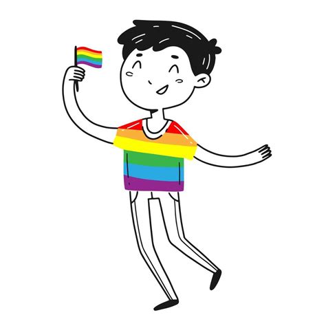 A happy young man with an LGBT flag in a linear doodle style. Vector ...