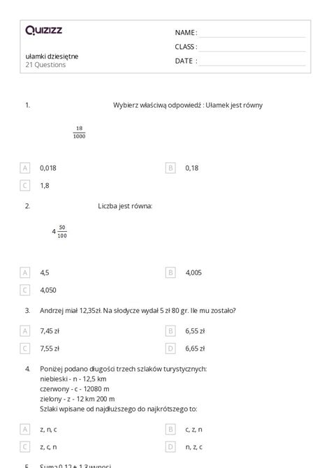 Ponad Liczby Dziesi Tne Arkuszy Roboczych Dla Klasa W Quizizz