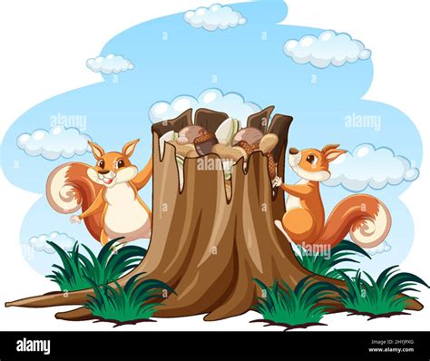 Two Squirrels And Nuts In The Garden Illustration Stock Vector Image