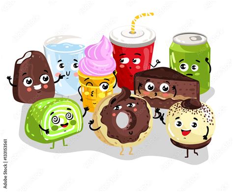 Cute Sweet Food And Drink Cartoon Character Set Isolated On White