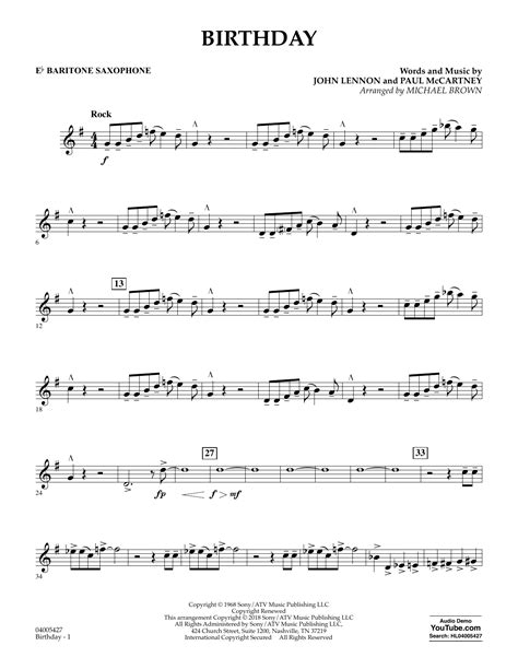 Birthday Eb Baritone Saxophone By Michael Brown Sheet Music For