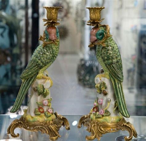 Porcelain Ornate Parrots With Bronze Ormolu Candle Holders 14 5 H Ebay