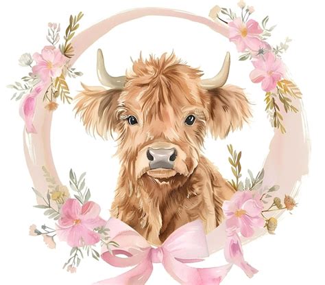 Adorable Highland Cow Surrounded By Flowers And Pink Ribbon Premium