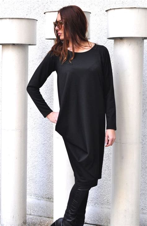 Autumn Loose Black Cotton Tunic Long Sleeves Maxi Tunic Top Black