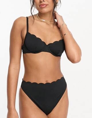 Hunkemoller Scalloped High Leg High Waist Bikini Bottoms In Black