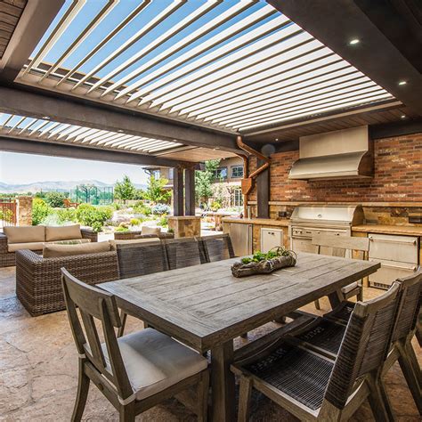 Rustic Outdoor Dining Under Louvered Pergola Apollo Opening Roof