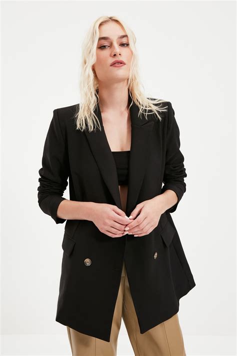 TRENDYOLMİLLA Siyah Oversize Astarlı Kruvaze Kapama Dokuma Blazer Ceket