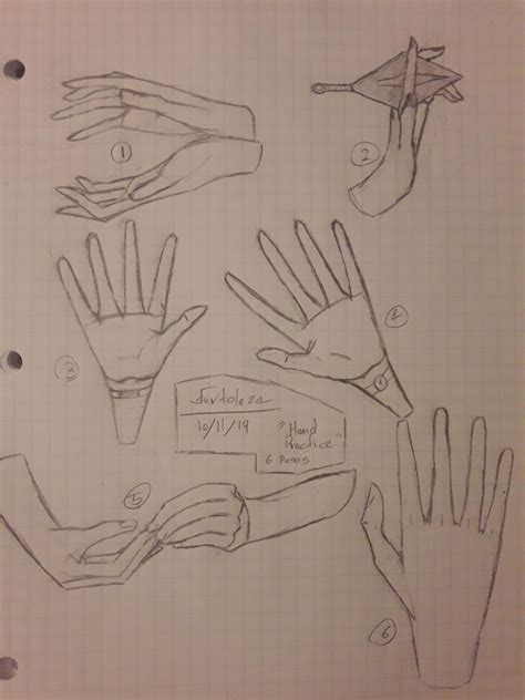 Tried drawing 6 different hands. #1,2, and 5 were regular hand poses ...