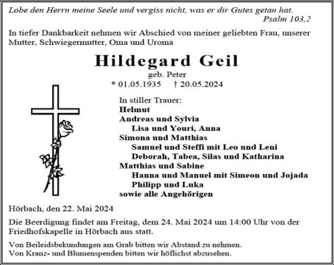 Traueranzeigen Von Hildegard Geil Vrm Trauer De