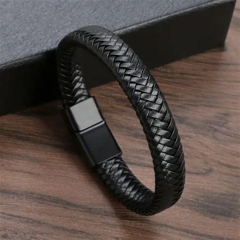 Pulseira De Couro Tran Ado Preto Para Homens Fecho Magn Tico De A O