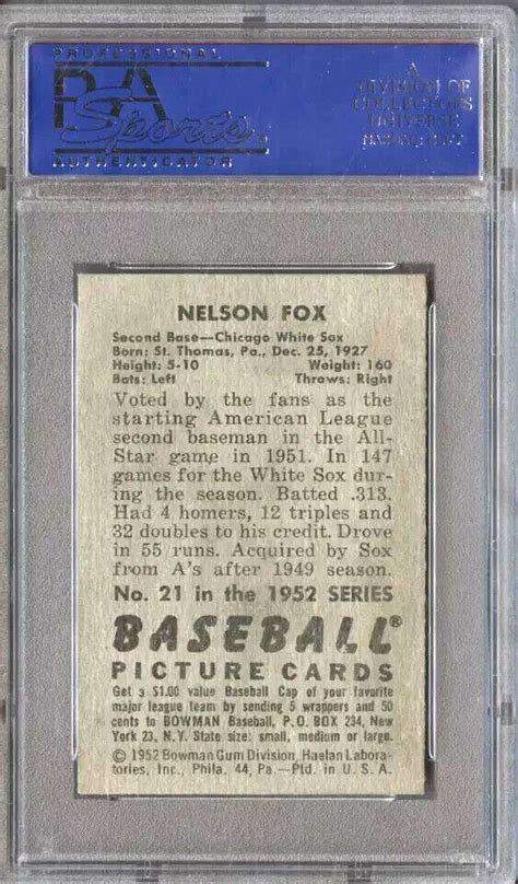 1952 Bowman 21 Nelson Nellie Fox Chicago White Sox HOF PSA 7 NM EBay