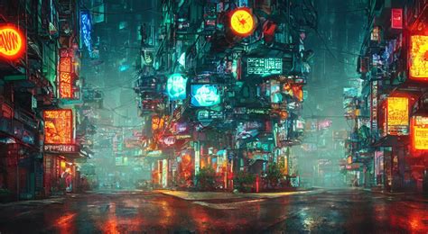 Cyberpunk Street At Night Suns Rays Rain Lush Stable Diffusion