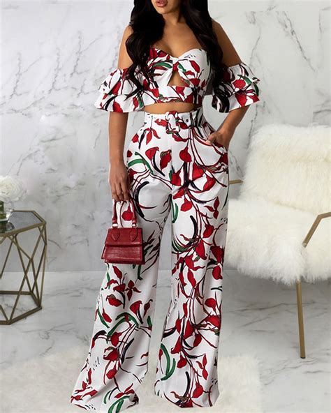 Off Shoulder Ruffles Crop Top Pants Sets