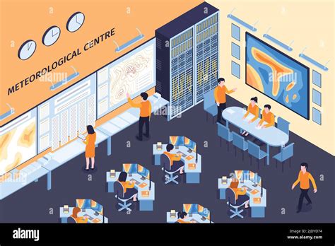 Isometric Meteorological Center Horizontal Composition With Indoor View