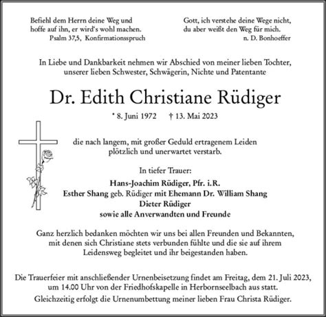 Traueranzeigen von Edith Christiane Rüdiger vrm trauer de