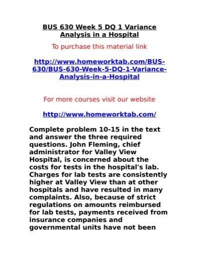 BUS 630 Week 5 DQ 1 Variance Analysis In A Hospital