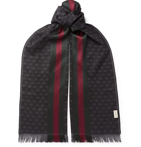 Gucci Fringed Logo Jacquard Wool And Silk Blend Scarf Gray Gucci