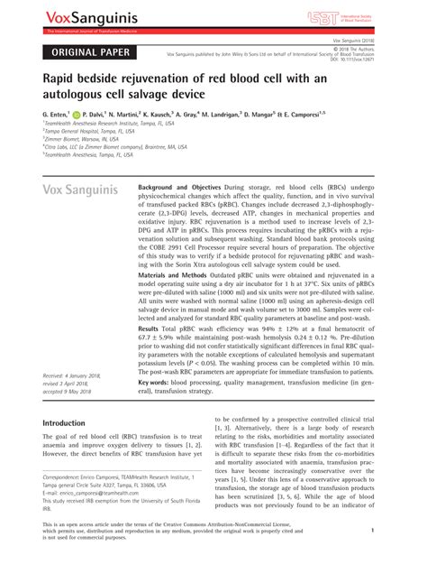 Pdf Rapid Bedside Rejuvenation Of Red Blood Cell With An Autologous