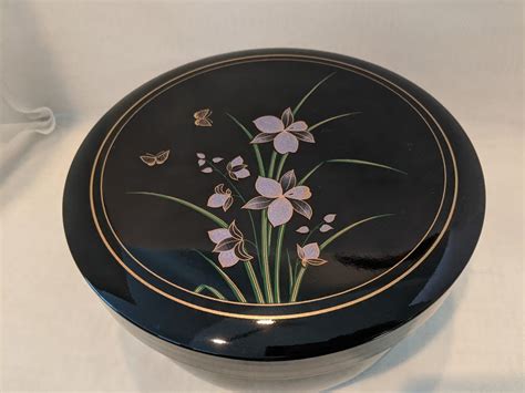 Vintage Japanese Lacquerware Lidded Bowl Black Lacquer With Orchad