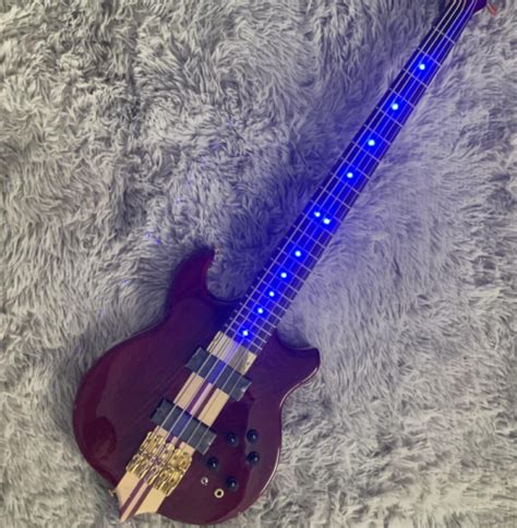 Custom 5 String Electric Bass Guitar Brown Neck Thru Body Blue Light Led Bass Ebay