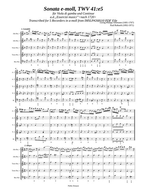 Telemann G P Viola Da Gamba Sonata Twv 41 E5 [5 Rec ] Sheet Music