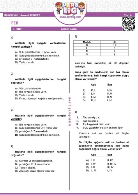 8 Sınıf Fen Bilimleri ASİTLER BAZLAR Yaprak Test Derslig