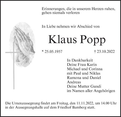 Klaus Popp Traueranzeige Trauer InFranken De