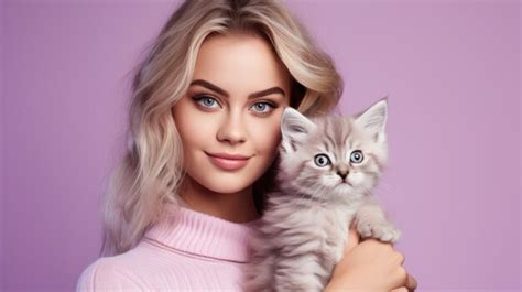 Premium AI Image Woman Holds A Kitten In Her Arms On Purple Background