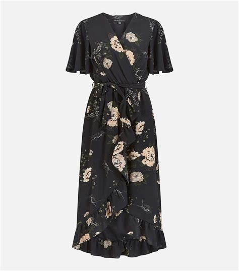 Mela Black Floral Frill V Neck Midi Wrap Dress New Look