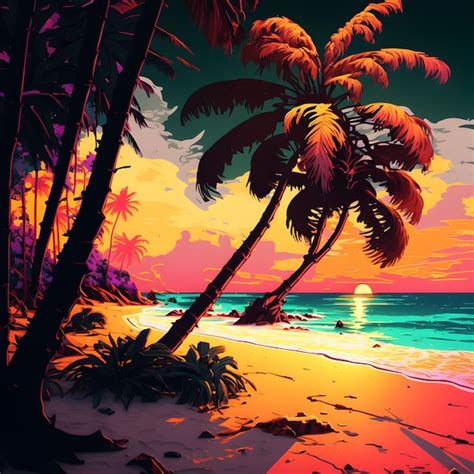 Premium AI Image | A painting of a beach with palm trees on it