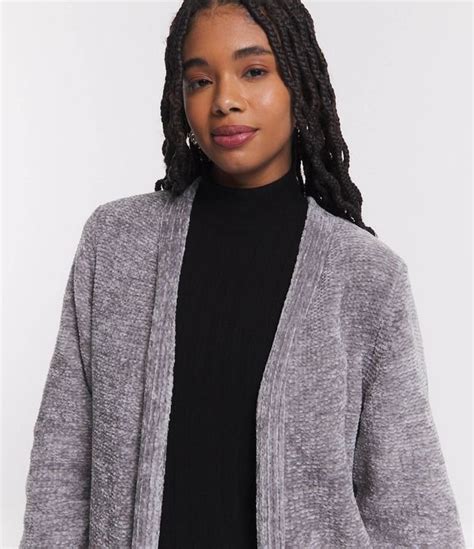 Casaco Cardigan Alongado Em Chenille Bolsos Cinza