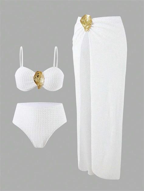 Swim Oasis Pcs Women Swimwear Set Textured Bandeau Top Triangle Bikini Bottoms And High Slit