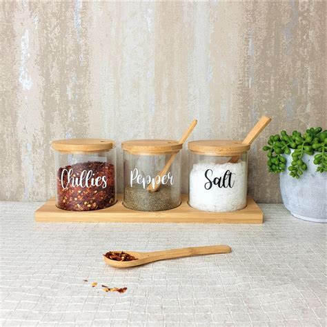 Personalised Bamboo Lid Glass Storage Jar And Spoon Set Of 3 Etsy Uk