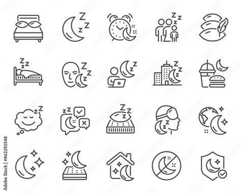 Sleep Line Icons Sleeping Pillow Night Bed And Insomnia Sleeplessness